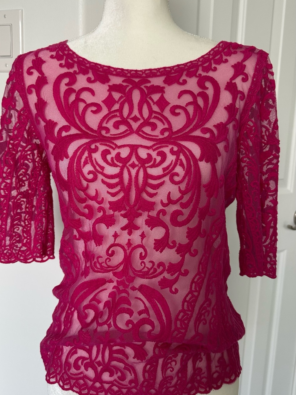 Laundry By Shelli Segal Fuchsia Embroidered Lace Overlay Top